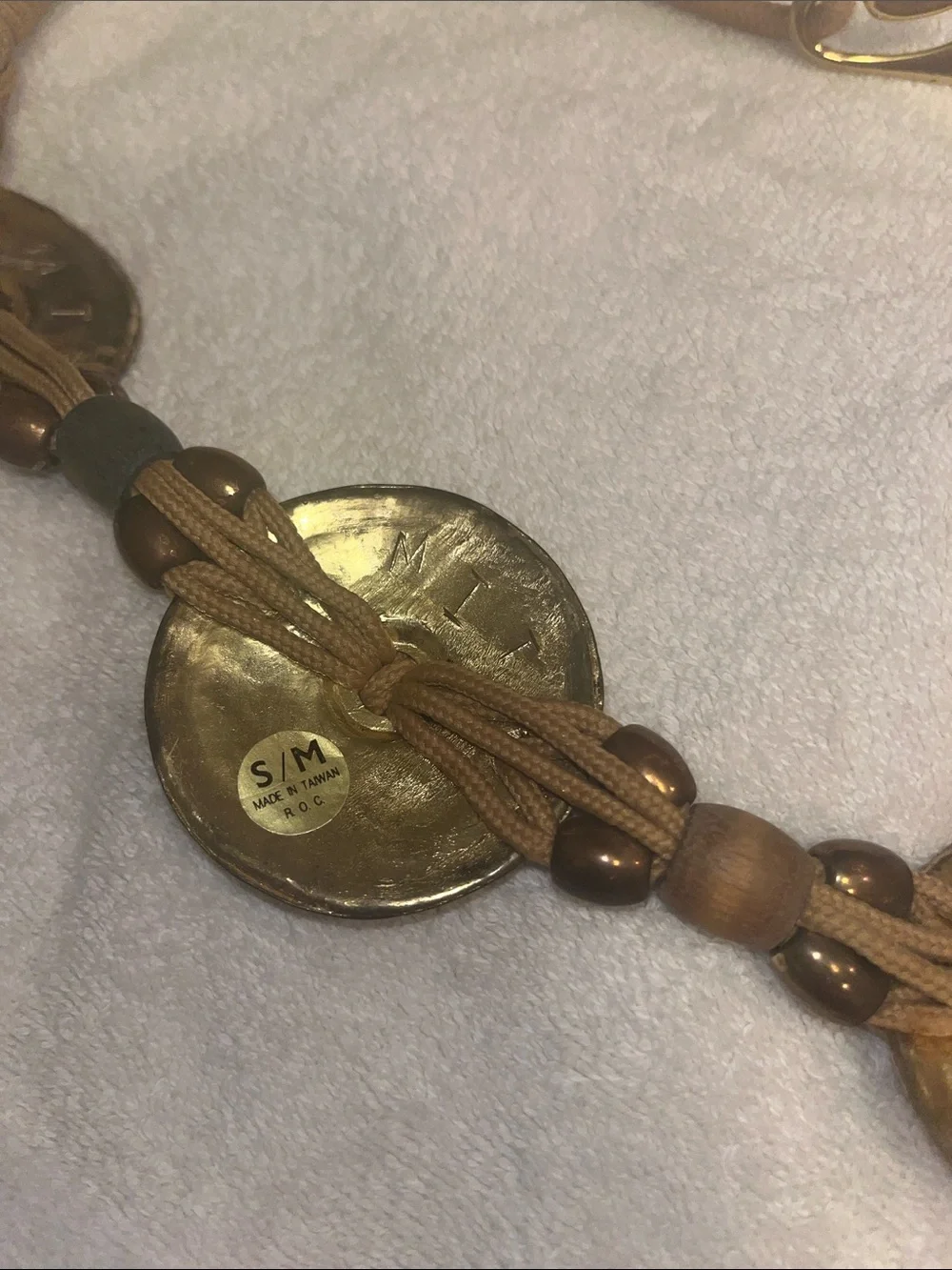 MIT Braided Tan Cord Waist Belt with Gold-Tone Coin Accents Wood Beads